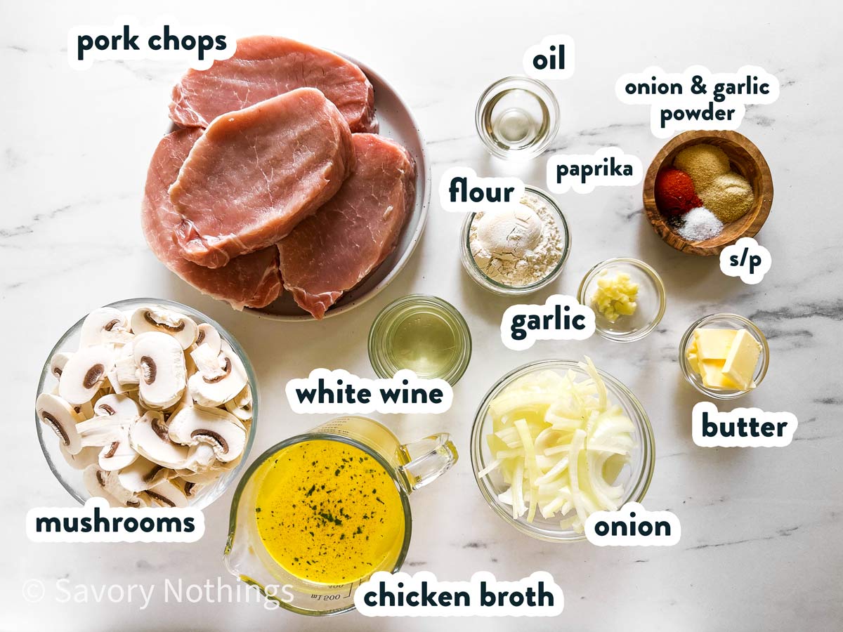 ingredients for crock pot pork chops with text labels