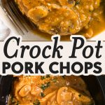 These Crock Pot Pork Chops are smothered in the best gravy made with onion and mushrooms. Serve over rice or mashed potatoes for a truly comforting dinner! | #dinnerideas #easyrecipes #easydinner #porkchops #slowcooker #crockpot