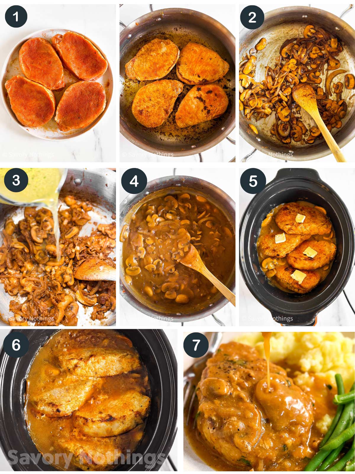 collage of photos showing how to make crock pot pork chops