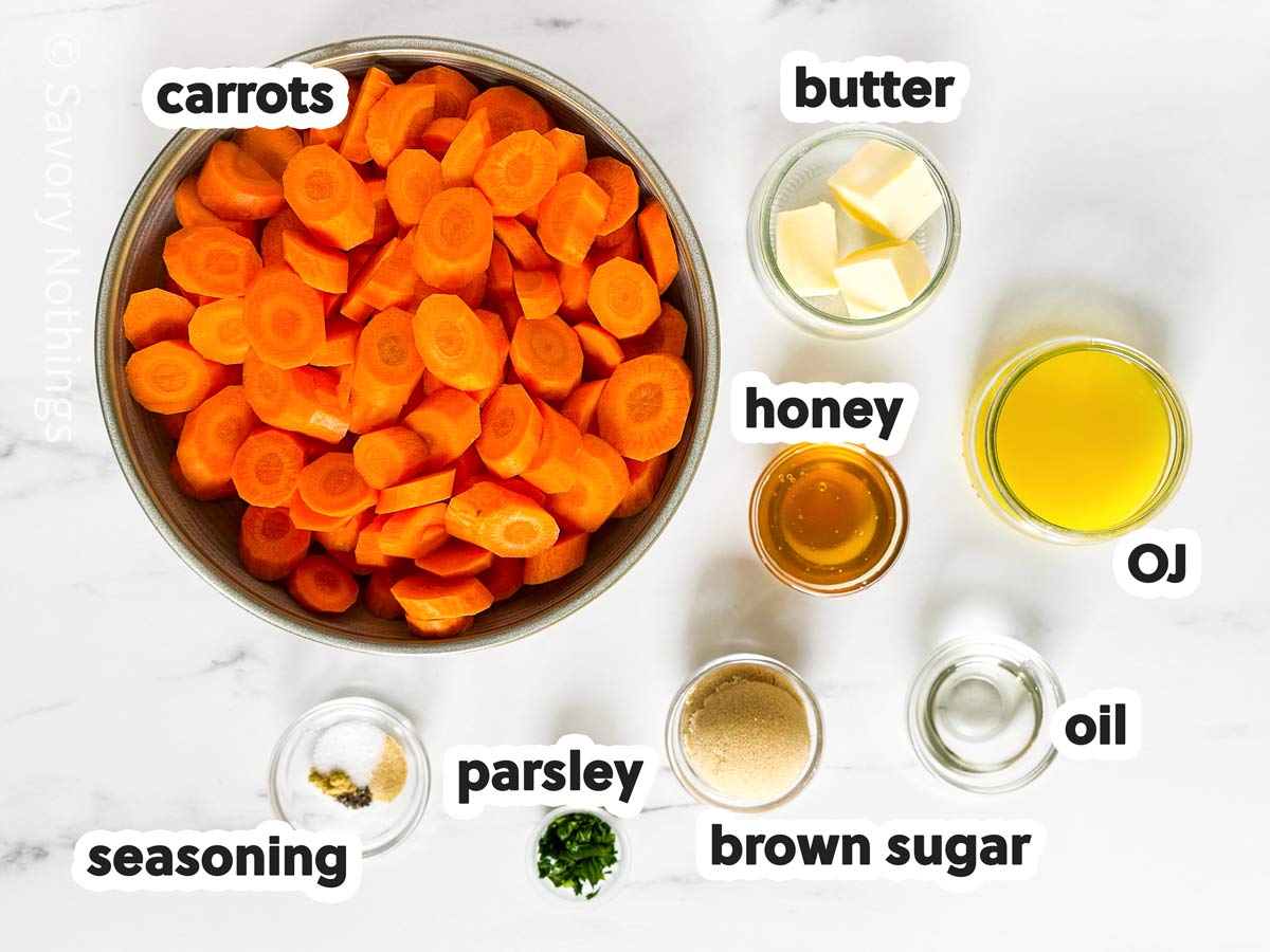 ingredients for glazed carrots with text labels