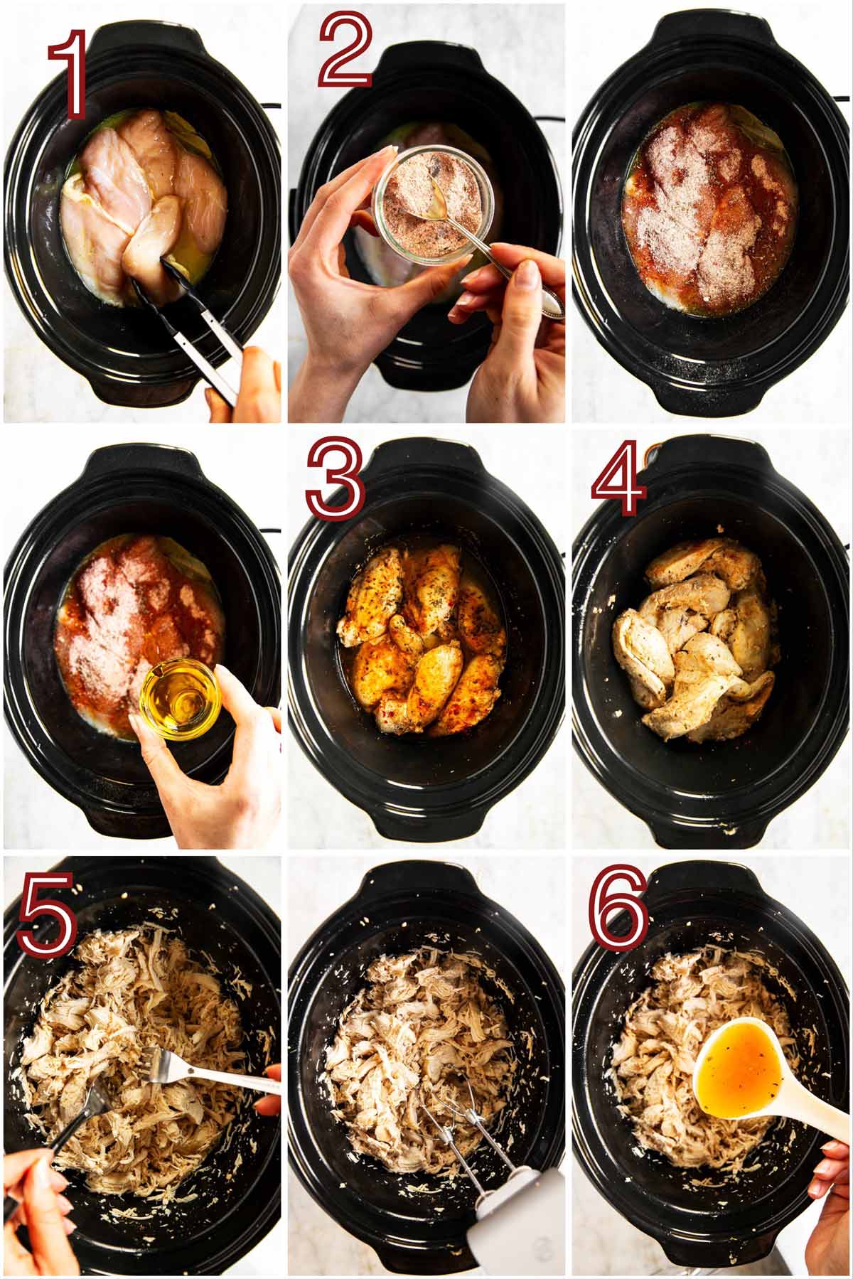 collage of step by step photos on how to make crockpot shredded chicken