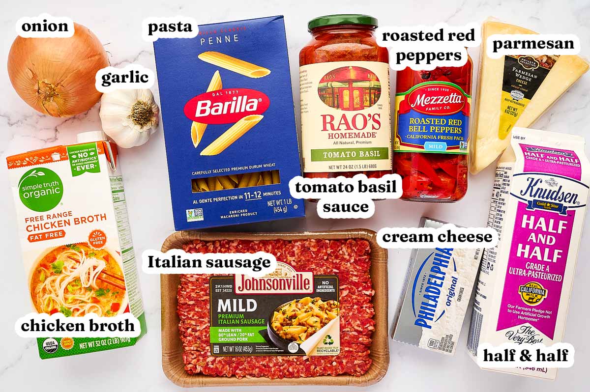ingredients for Italian sausage and peppers pasta with text labels