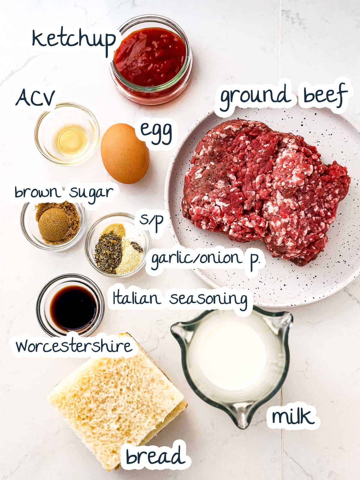 ingredients for air fryer meatloaf with text labels