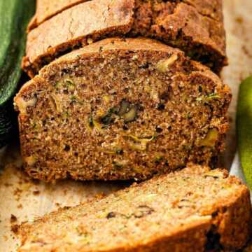 frontal view of sliced zucchini bread