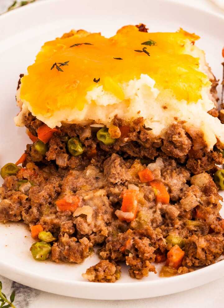 frontal view of shepherd's pie on white plate