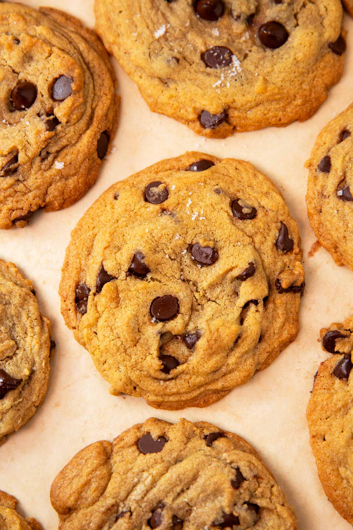 Overhead view of chocolate chip cookie.
