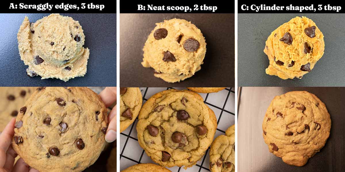 Collage showing different scooping methods for chocolate chip cookies and their outcome.