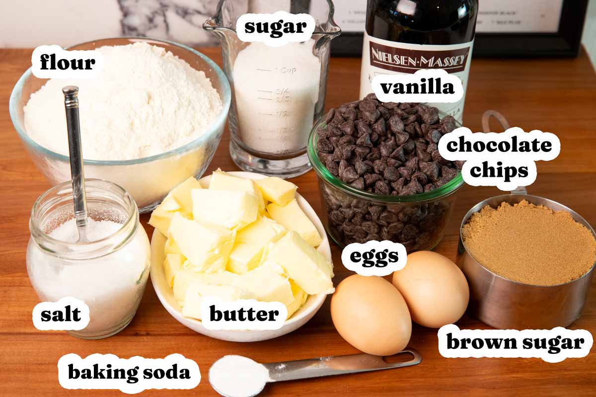 Ingredients for chocolate chip cookies with text labels.