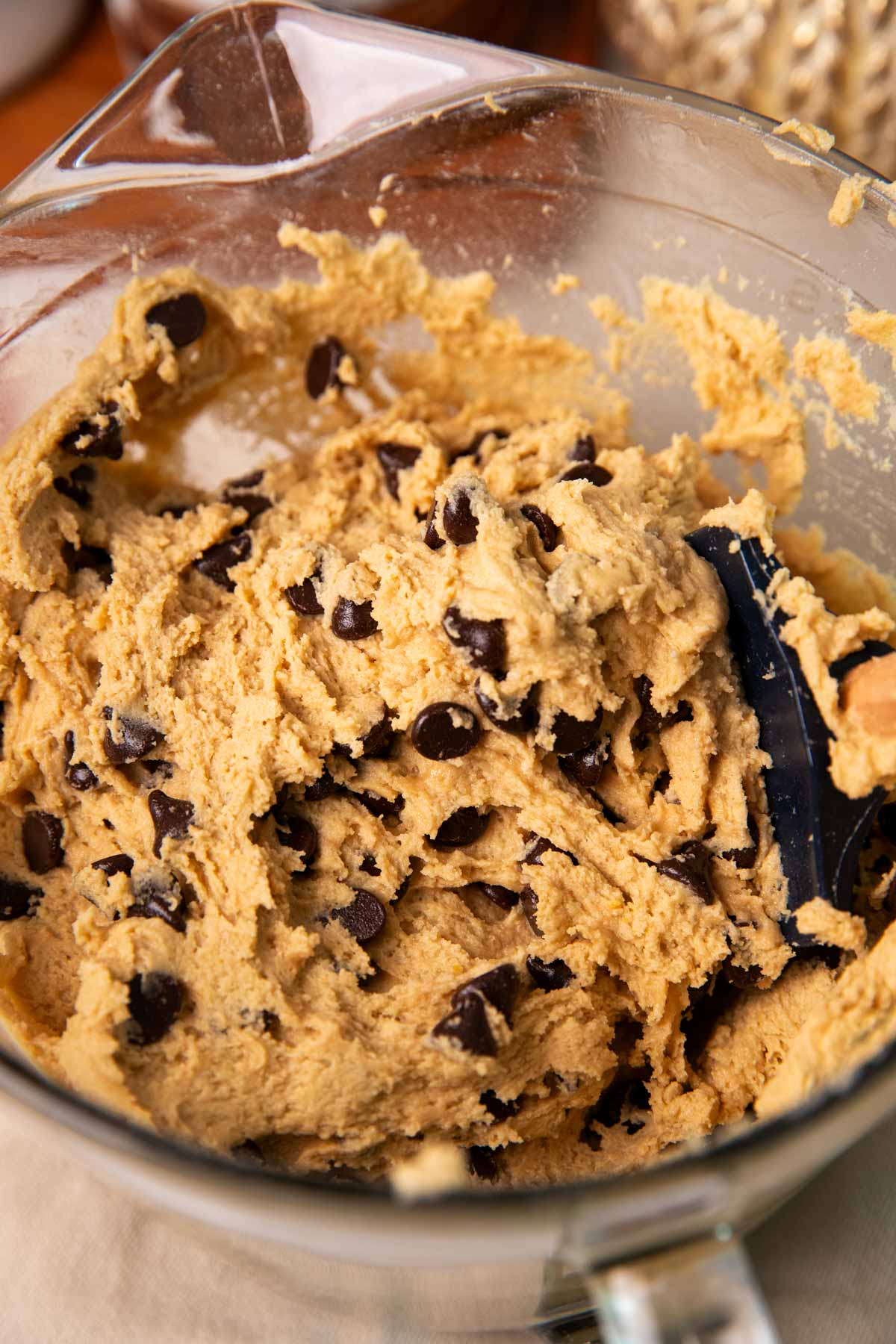Chocolate Chip Cookie dough in a glass bowl.
