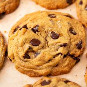 Frontal view of chocolate chip cookie.