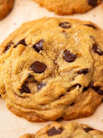 Frontal view of chocolate chip cookie.
