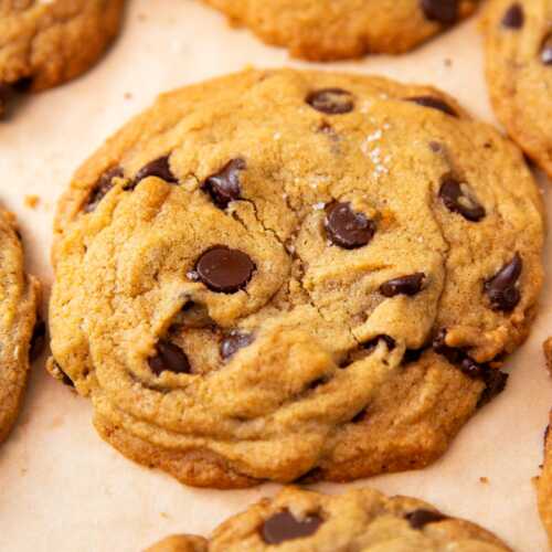 Frontal view of chocolate chip cookie.