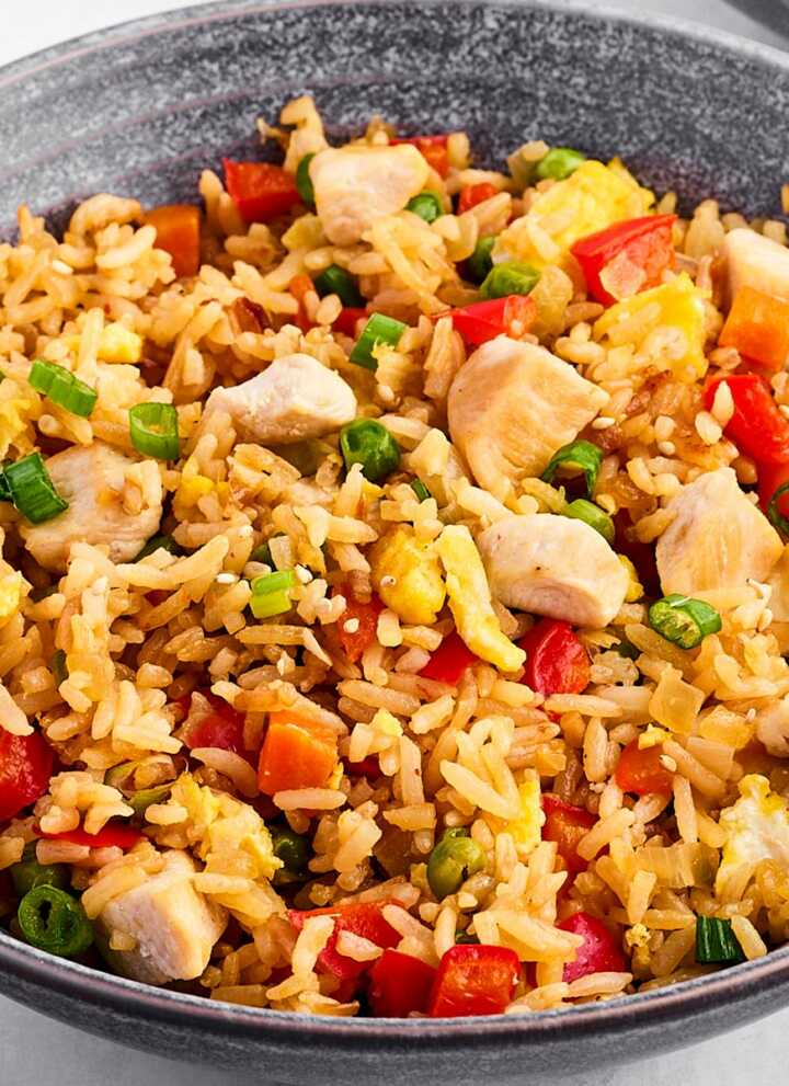 frontal view of chicken fried rice in bowl