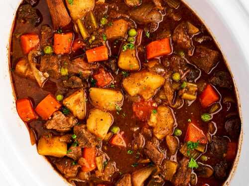 overhead close up view of beef stew in slow cooker