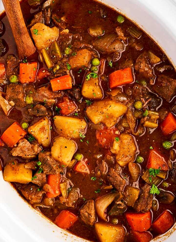 overhead close up view of beef stew in slow cooker