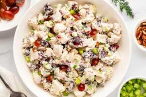 overhead view of chicken salad in white bowl