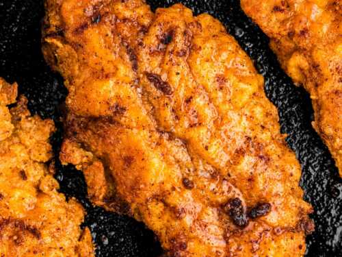 overhead close up view of fried chicken piece