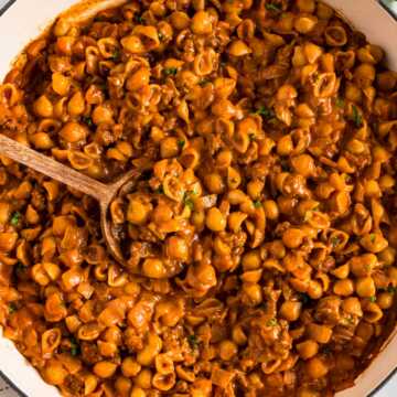 overhead view of hamburger helper in white pot