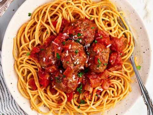 overhead view of Italian meatballs and spaghetti on plate