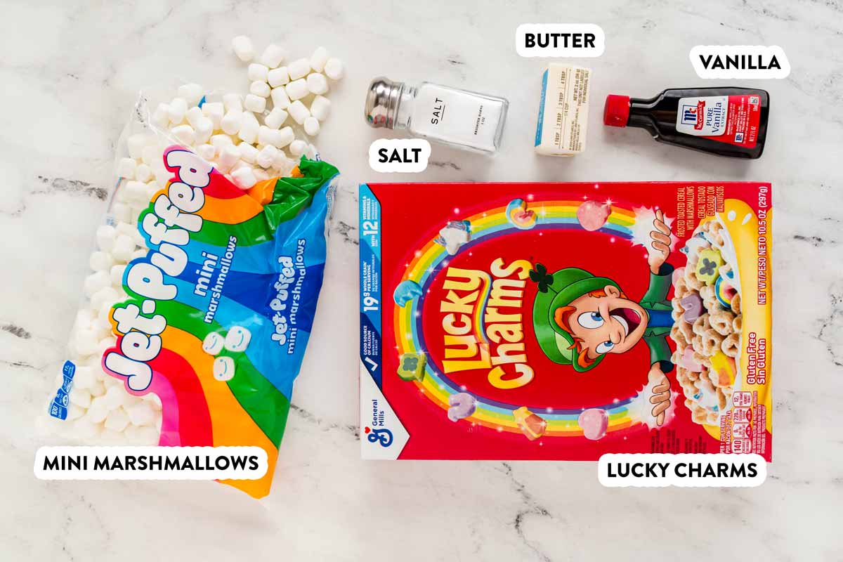 overhead view of ingredients to make lucky charms bars with text labels