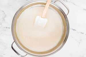 overhead view of melted marshmallows in pan