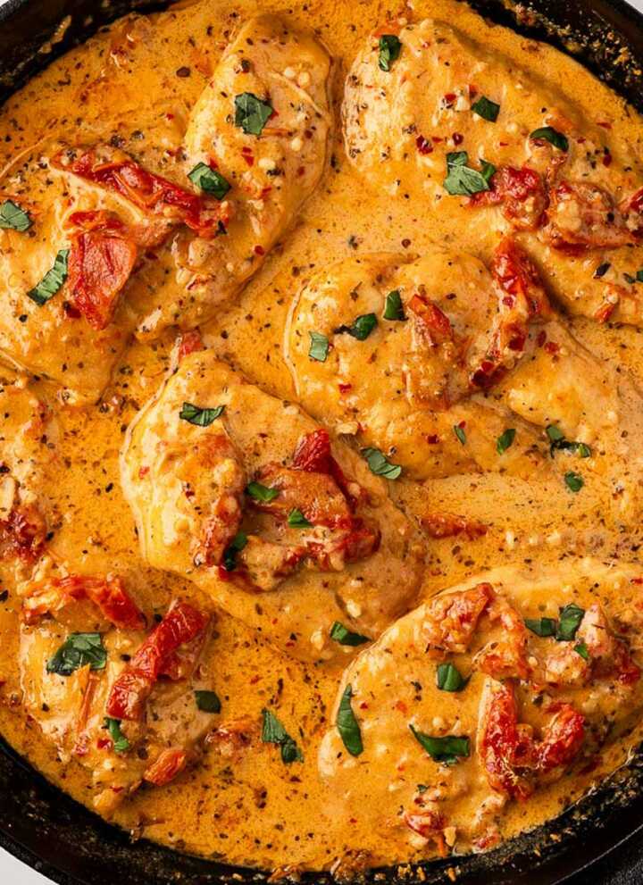 overhead view of finished marry me chicken in skillet ready to serve