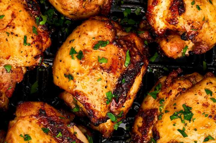 Close up of air fried boneless chicken thighs.