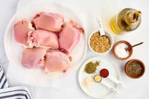 overhead view of ingredients to make air fryer chicken thighs