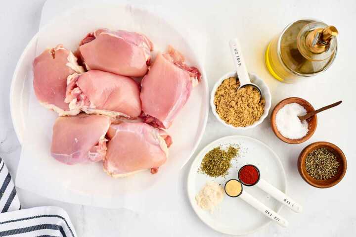 overhead view of ingredients to make air fryer chicken thighs