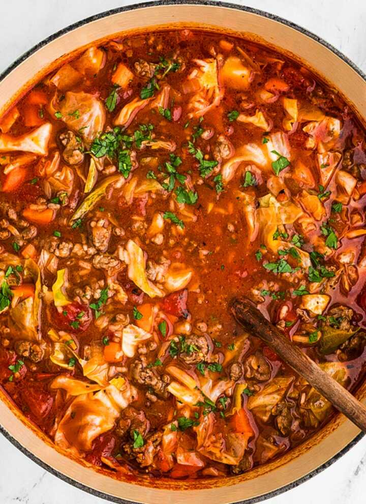 overhead view of soup pot filled with cabbage roll soup