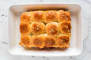 overhead view of dinner rolls baked in casserole dish