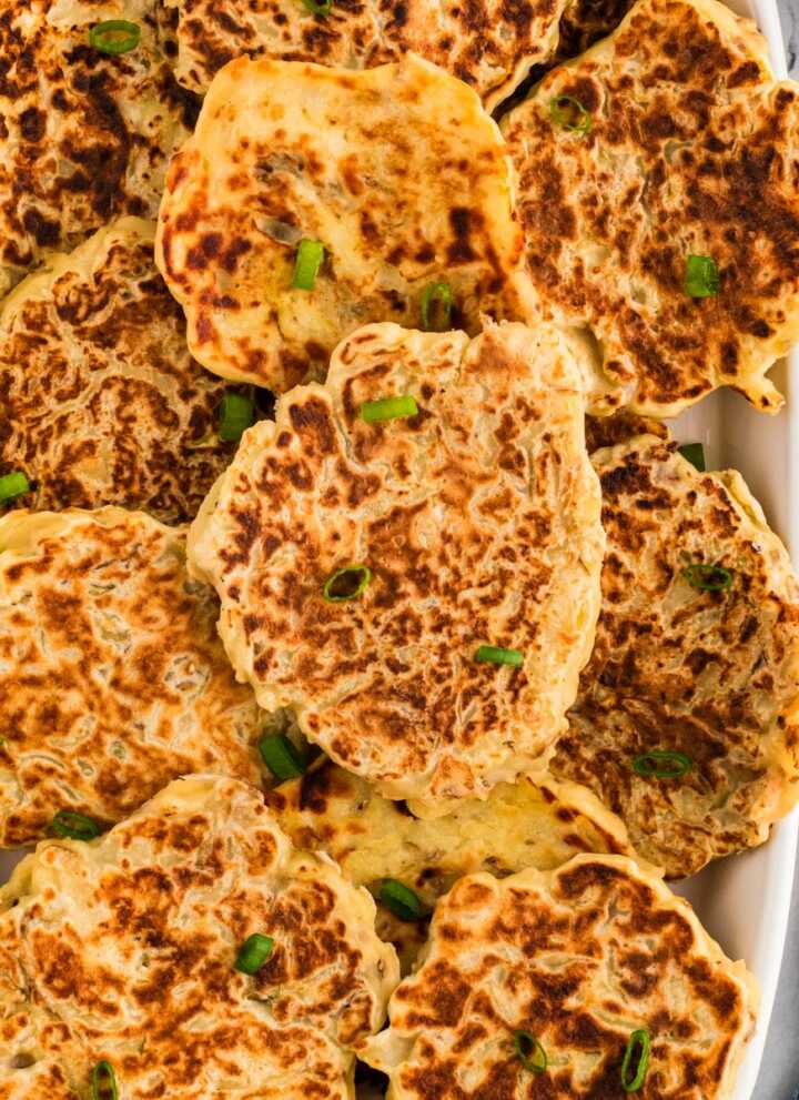 overhead view of Irish potato pancakes on platter