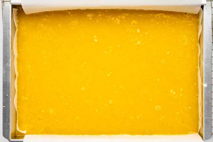 overhead view of unbaked lemon bars