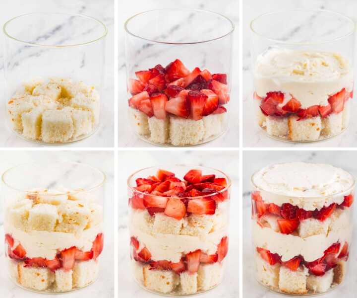 Step-by-step collage showing how to layer strawberry shortcake in a jar: pound cake, strawberry glaze, cream filling, second layer of cake, more strawberries, and final cream topping