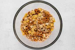 overhead view of dry ingredients for bunny bait in glass bowl