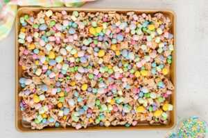 finished bunny bait mix on sheet pan