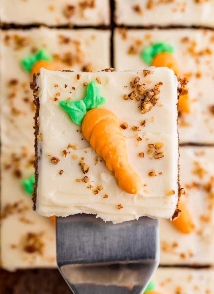 overhead view of carrot sheet cake slice on cake spatula