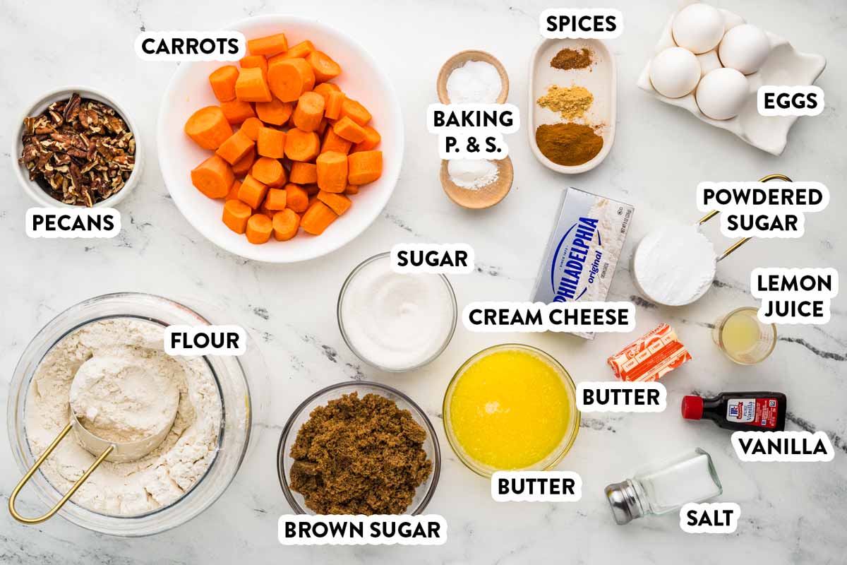 ingredients for carrot sheet cake with text labels