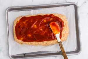overhead view of glazed unbaked meatloaf