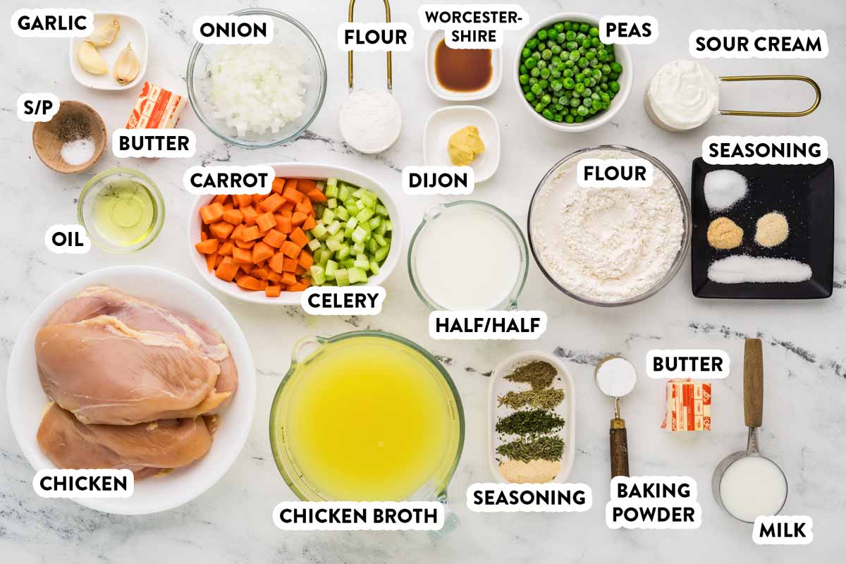 overhead view of ingredients to make chicken and dumplings with text labels
