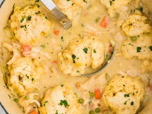overhead view of Dutch oven chicken and dumplings with ladle in pot