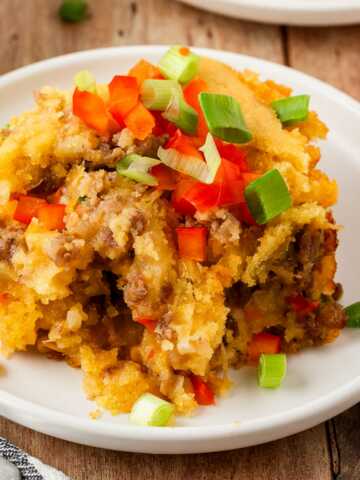Cornbread Sausage Casserole on white plate