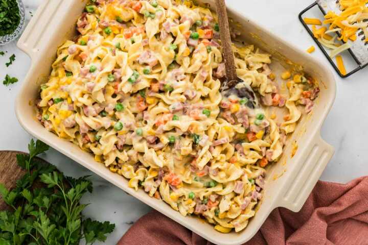 ham and noodle casserole being served