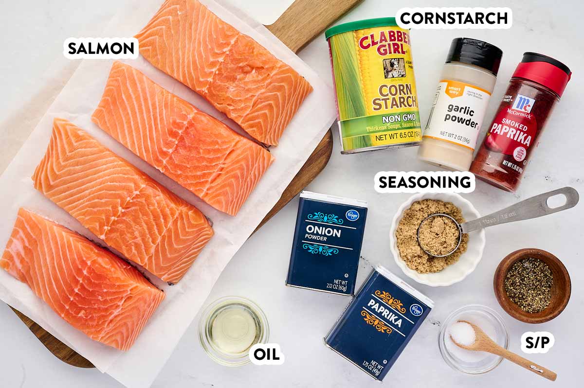 overhead view of ingredients to make air fryer salmon with text labels