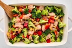 raw diced chickening dish with diced vegetables