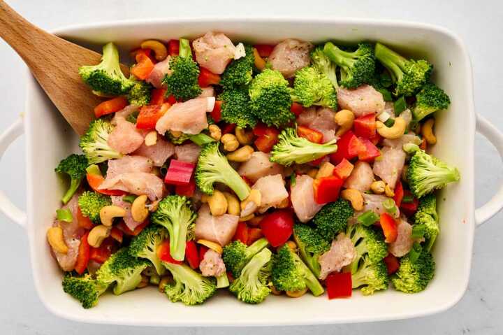 raw diced chickening dish with diced vegetables