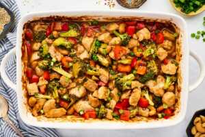 baked cashew chicken in white dish