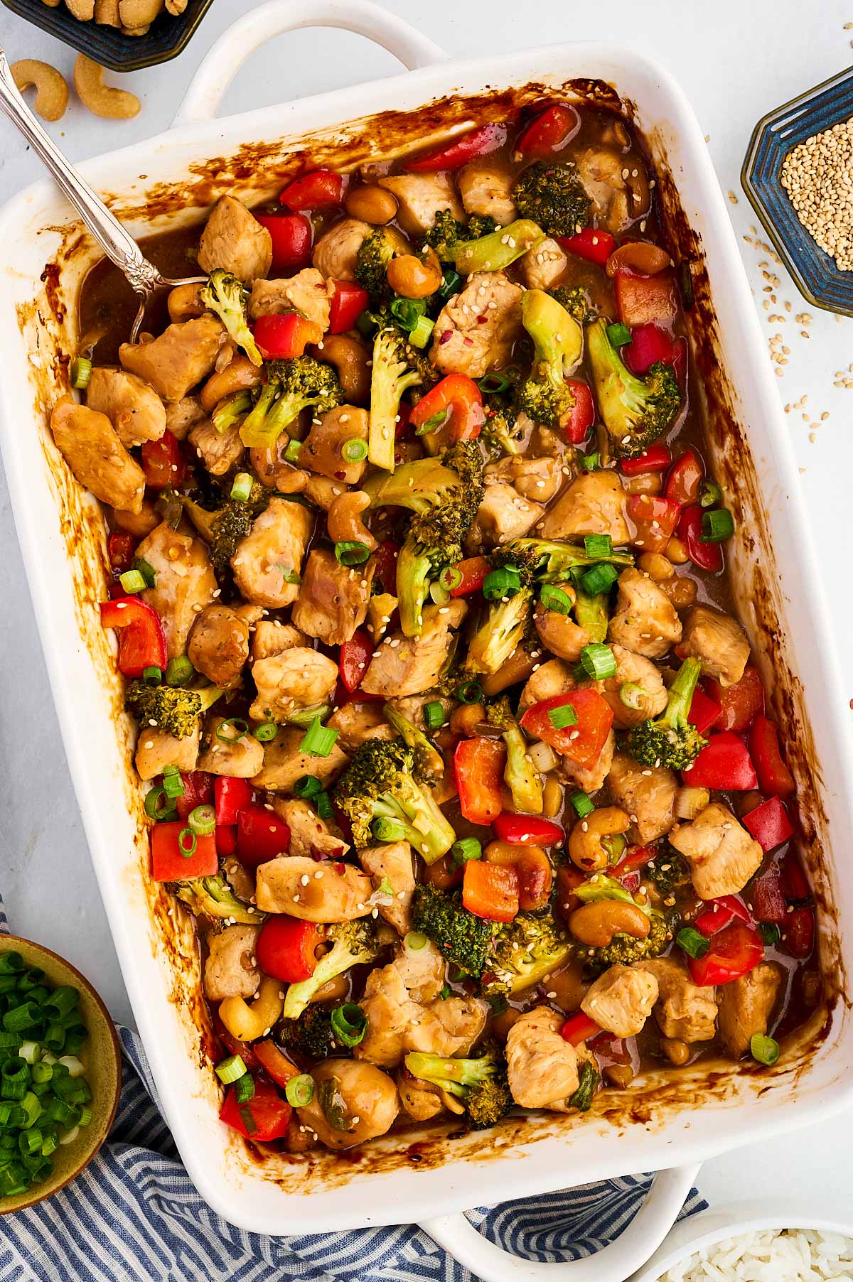 baked cashew chicken in white dish