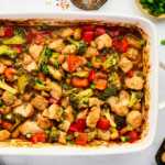 baked cashew chicken in white dish