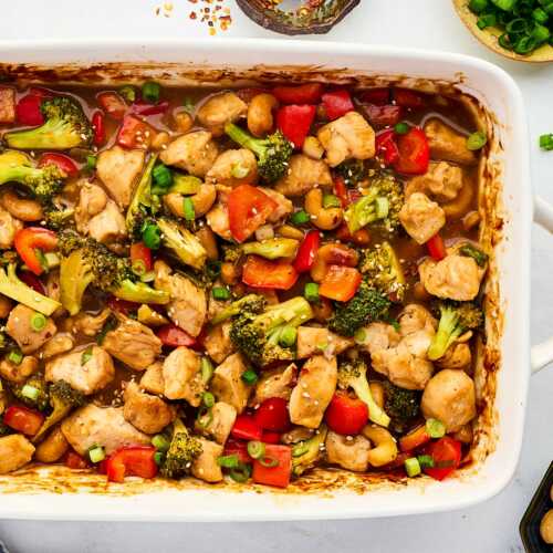 baked cashew chicken in white dish